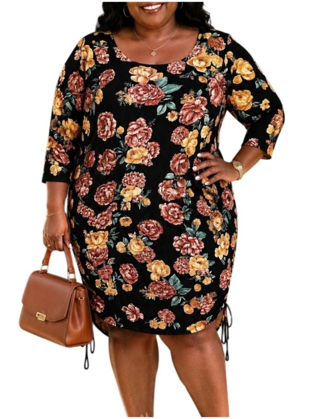 Butterflies & Rainbows Size 1X Dress Floral Black Adjustable Side Drawstrings